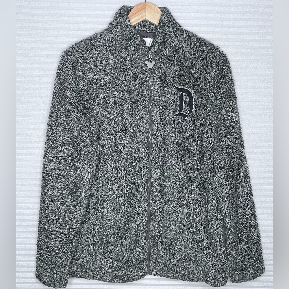 Disney Parks Disneyland Sherpa Fleece Gray Zip Up Jacket Large Fuzzy Comfy Warm